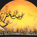 Natural Indoor Landscape With Large Orange Circular Background Curved Tree And Reeds Grass