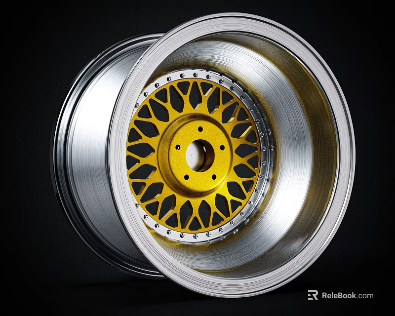 Stylish Automotive Tire Wheel Rim With Silver Outer Ring Yellow Center And Black Pattern Design 3d model 