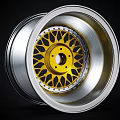 Stylish Automotive Tire Wheel Rim With Silver Outer Ring Yellow Center And Black Pattern Design