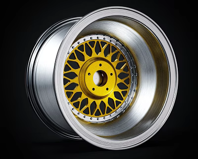 Stylish Automotive Tire Wheel Rim With Silver Outer Ring Yellow Center And Black Pattern Design 3d model