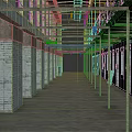 Abandoned Factory Interior Long Corridor with Teal Brick Walls Rusted Metal Scaffolds Gray Concrete Floor