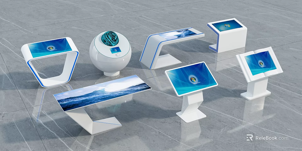 Modern Public Facilities With Interactive Digital Screens And White Display Stands 3d model