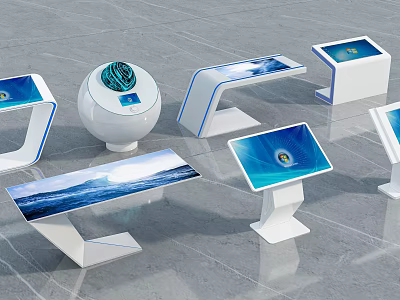 Modern Public Facilities With Interactive Digital Screens And White Display Stands 3d model