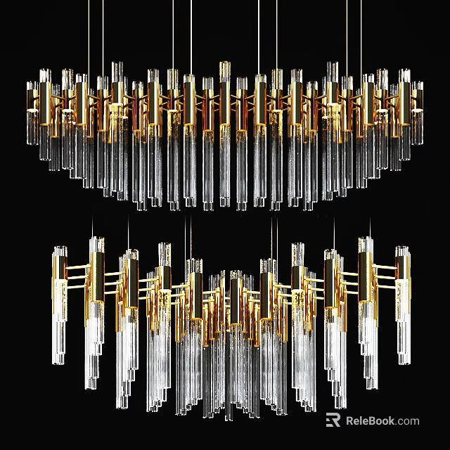 Elegant Modern Chandelier Design Featuring Golden Frame And Clear Glass Tube Elements 3d model 