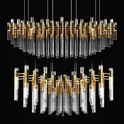 Elegant Modern Chandelier Design Featuring Golden Frame And Clear Glass Tube Elements 3d model