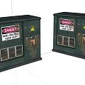 Industrial Electrical Control Panels With Green Metal Enclosures Danger Signs And Ventilation Grilles