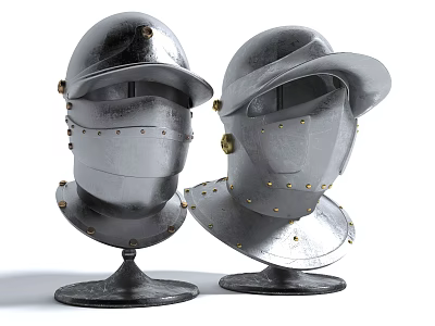 Two Vintage Silver Metal Medieval Armor Helmets With Rivets On Display Stands 3d model
