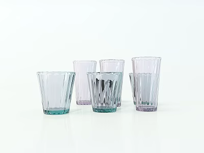 Multiple Colorful Striped Glass Cups In Green And Purple On White Background 3d model