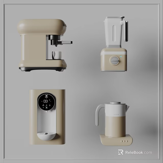 Modern Beige Kitchen Appliances Set With Coffee Maker Blender Water Dispenser And Kettle 3d model 