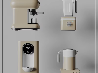 Modern Beige Kitchen Appliances Set With Coffee Maker Blender Water Dispenser And Kettle 3d model