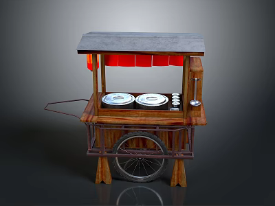 Vintage Wooden Utility Cart With Gray Roof Red Awning White Round Containers And Wheels 3d model