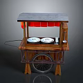 Vintage Wooden Utility Cart With Gray Roof Red Awning White Round Containers And Wheels