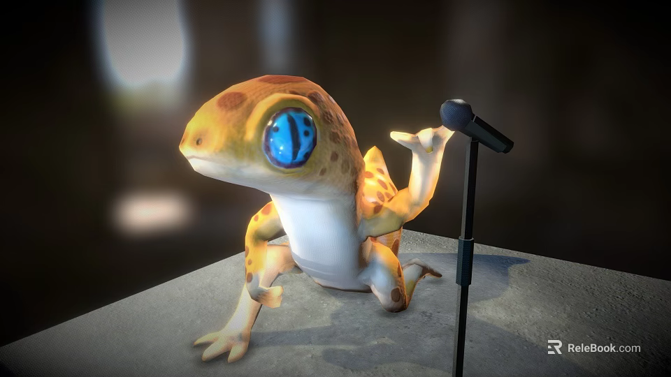 Cartoon Gecko With Large Blue Eyes Performing On Platform Near Microphone 3d model 
