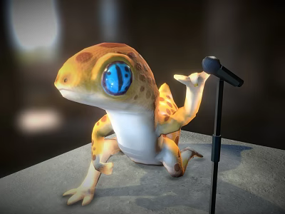Cartoon Gecko With Large Blue Eyes Performing On Platform Near Microphone 3d model
