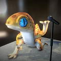 Cartoon Gecko With Large Blue Eyes Performing On Platform Near Microphone