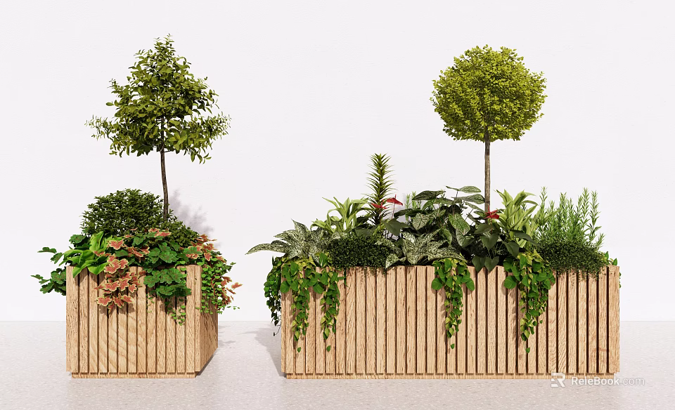 Decorative Potted Plants Arrangement in Wooden Planters with Trees Shrubs and Vines 3d model 