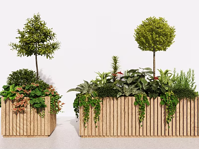 Decorative Potted Plants Arrangement in Wooden Planters with Trees Shrubs and Vines 3d model