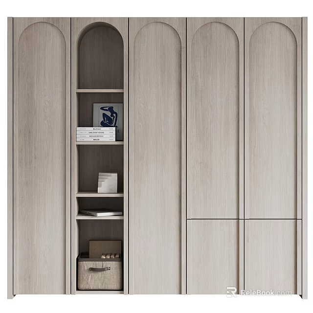 Modern Light Wood Wardrobe Design With Open Shelves And Sleek Cabinet Doors 3d model 