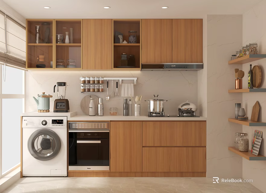 Modern Kitchen Interior With Wooden Cabinets Washing Machine Oven Window And Shelves 3d model 