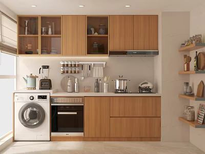 Modern Kitchen Interior With Wooden Cabinets Washing Machine Oven Window And Shelves 3d model