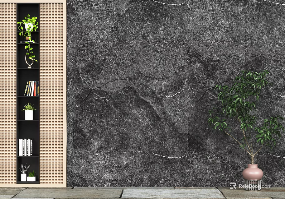 Modern Black Textured Background Wall With Bamboo Partition Green Plant And Decorative Shelf 3d model 