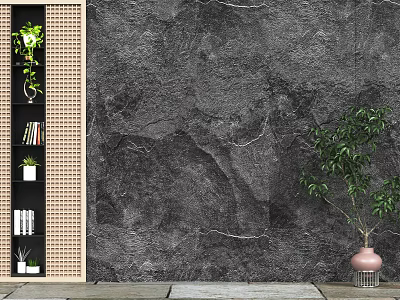 Modern Black Textured Background Wall With Bamboo Partition Green Plant And Decorative Shelf 3d model