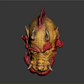 Yellow and Red Dragon Head Sculpture With Scales Horns And Flame Accents