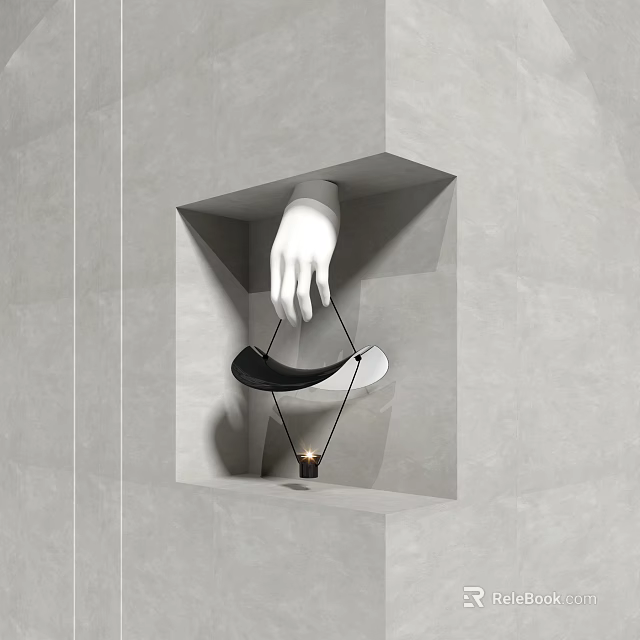 Modern Wall Lamp in Gray Niche with White Hand Model Black Curved Object and Candle 3d model 