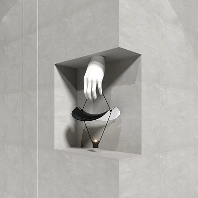 Modern Wall Lamp in Gray Niche with White Hand Model Black Curved Object and Candle 3d model