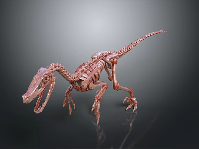 Pink Dinosaur Skeleton Model In Walking Pose With Dark Background And Reflective Surface 3d model