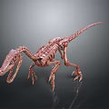 Pink Dinosaur Skeleton Model In Walking Pose With Dark Background And Reflective Surface