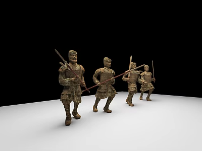 Ancient Terracotta Warrior Sculptures Depicting Armed Soldiers in Military Formation 3d model