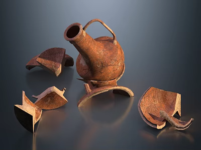 Broken Ceramic Jug with Handle and Scattered Fragments on Dark Surface 3d model