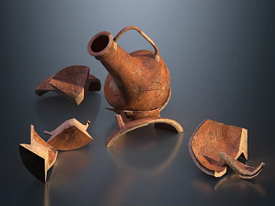 Broken Ceramic Jug with Handle and Scattered Fragments on Dark Surface 3d model Broken Ceramic Jug with Handle and Scattered Fragments on Dark Surface 3d model