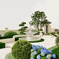 Elegant Courtyard Garden Design With Manicured Greenery Stone Steps Paved Patio And Fountain