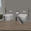 Modern Wall Mounted White Toilet in Bathroom with Toilet Paper Holder and Brush Stand