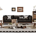 Modern Leather Sofa Coffee Table Set With Geometric Pillows Marble Top Armchairs And Wall Art