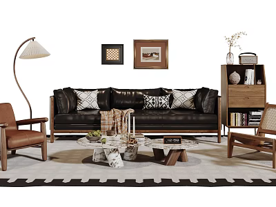 Modern Leather Sofa Coffee Table Set With Geometric Pillows Marble Top Armchairs And Wall Art 3d model