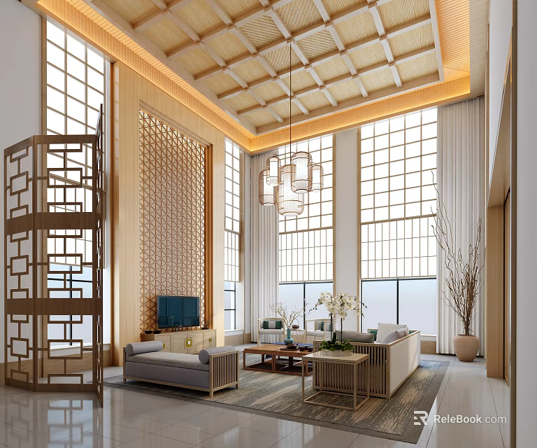 Modern Chinese Living Room Interior With Wooden Lattice Ceiling Chandelier And Large Windows 3d model 