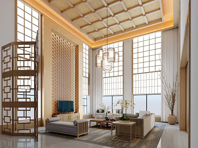 Modern Chinese Living Room Interior With Wooden Lattice Ceiling Chandelier And Large Windows 3d model