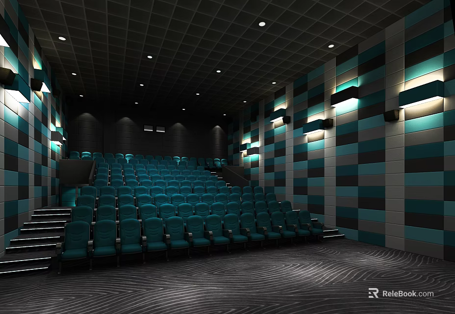 Modern Cinema Theater Interior With Stadium Style Blue Seats Checkerboard Walls And Ceiling Lights 3d model 