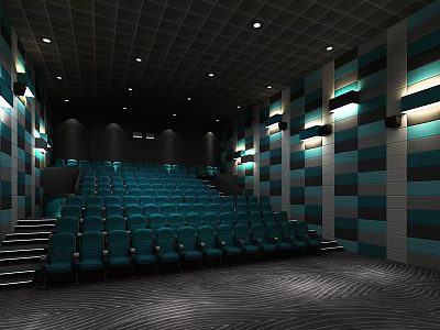 Modern Cinema Theater Interior With Stadium Style Blue Seats Checkerboard Walls And Ceiling Lights 3d model