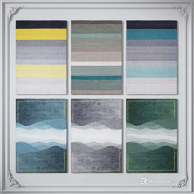 Assorted Square Rugs With Striped And Mountain Wave Designs On 3d model 