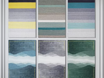 Assorted Square Rugs With Striped And Mountain Wave Designs On 3d model