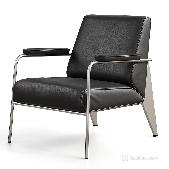 Black Leather Leisure Chair With Modern Metal Frame And Comfortable Armrests 3d model 