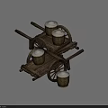 Traditional Wooden Carts With Baskets Filled With White Items And Wheels