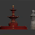 Red Multi Tiered Fountain With Stone Pillars And Ornate Gold Details