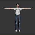 Woman in White CELINE T shirt Blue Ripped Jeans and White Shoes with Arms Outstretched