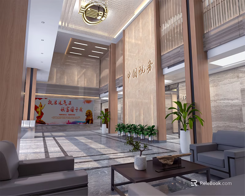Spacious Modern Service Hall Interior With Wooden Columns Chandelier Red Banner And Green Plants 3d model 