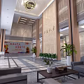 Spacious Modern Service Hall Interior With Wooden Columns Chandelier Red Banner And Green Plants